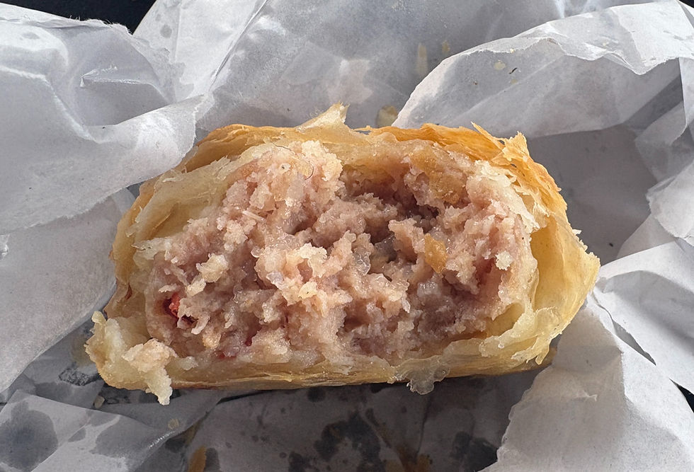 Sausage roll at Brewe cafe, Clee hill Shropshire en-route to Foxholes campsite