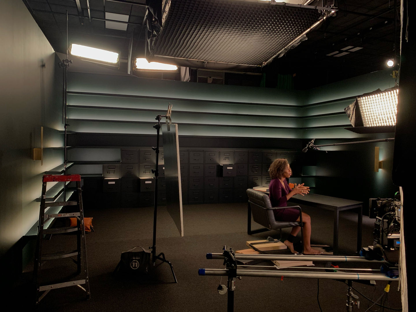 Office set with LED shelves and painted file cabinets for Outlier.