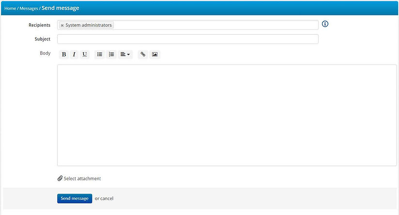 The screenshot shows the send message window with tabs for recipient, subject, body, select attachment, and buttons for send message or cancel. The recipient tab is filled with the system administrator.