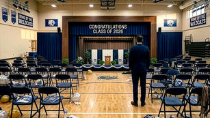 administrator standing in an empty gymnasium after graduation ceremony