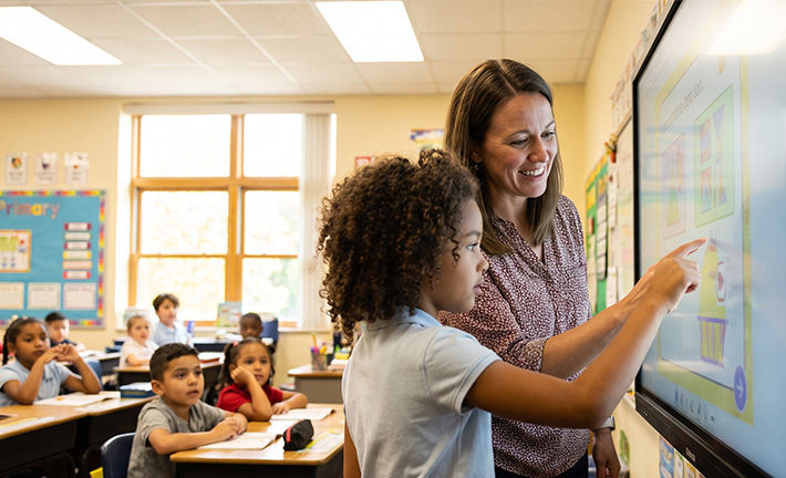 Teacher helps girl use an interactive whiteboard in a bright classroom while classmates watch.