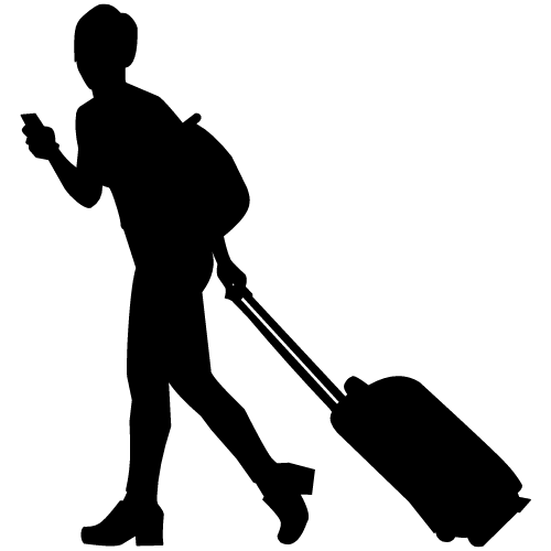 Icon of a traveller with suitcase and mobile phone in hand.