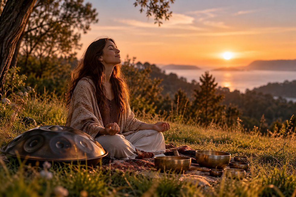 Woman meditating barefoot on grass at sunset beside a handpan and singing bowls, grounding and sound meditation for better sleep