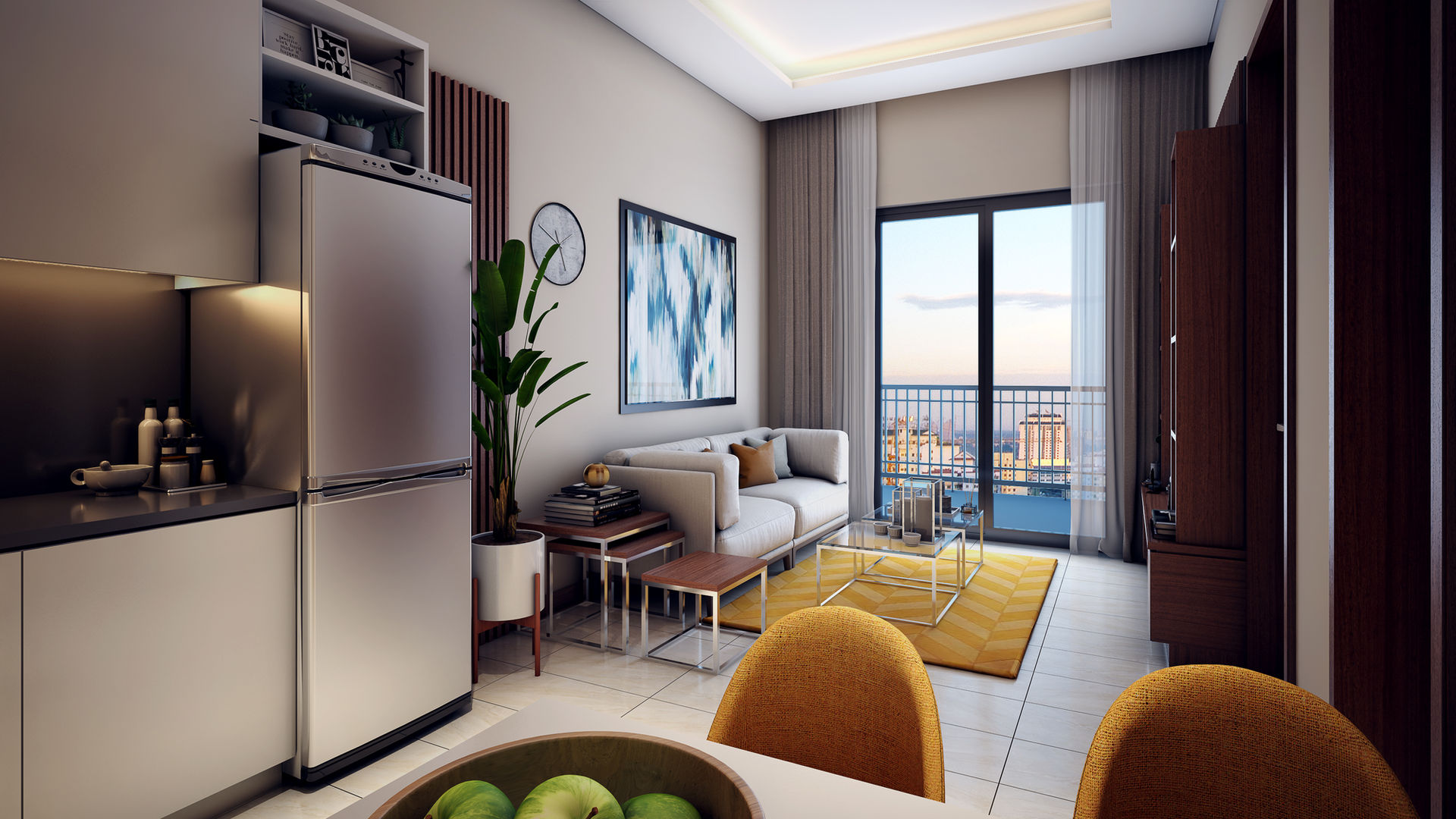 Modern apartment living room with balcony view