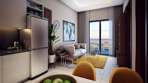 Modern apartment living room with balcony view