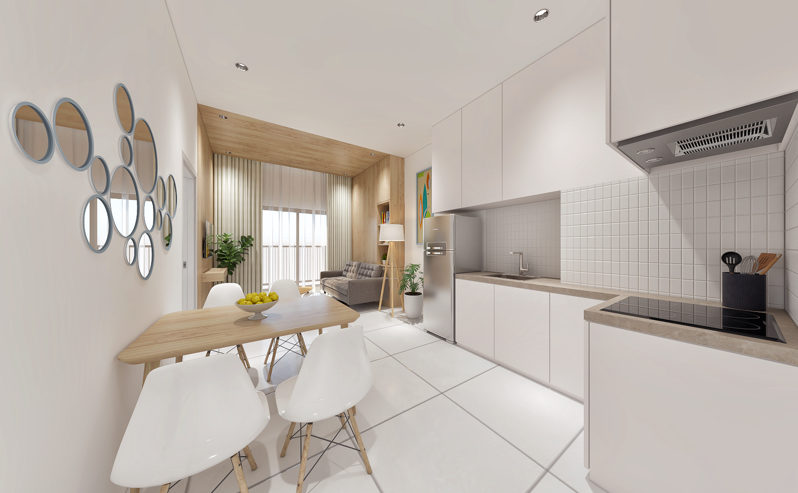 Modern open-plan apartment kitchen and living area