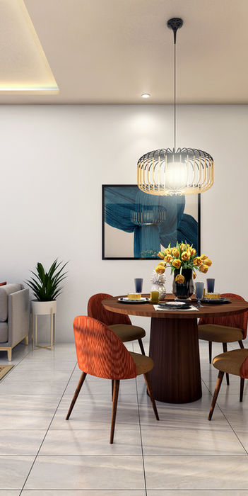 Modern dining area with orange chairs