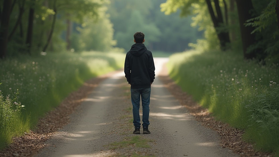 A person in a dark hoodie stands on a forest path, surrounded by greenery. Soft sunlight filters through the trees, creating a tranquil mood.