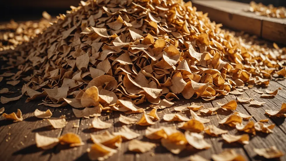 Close-up view of fresh wood shavings spread across barn floor