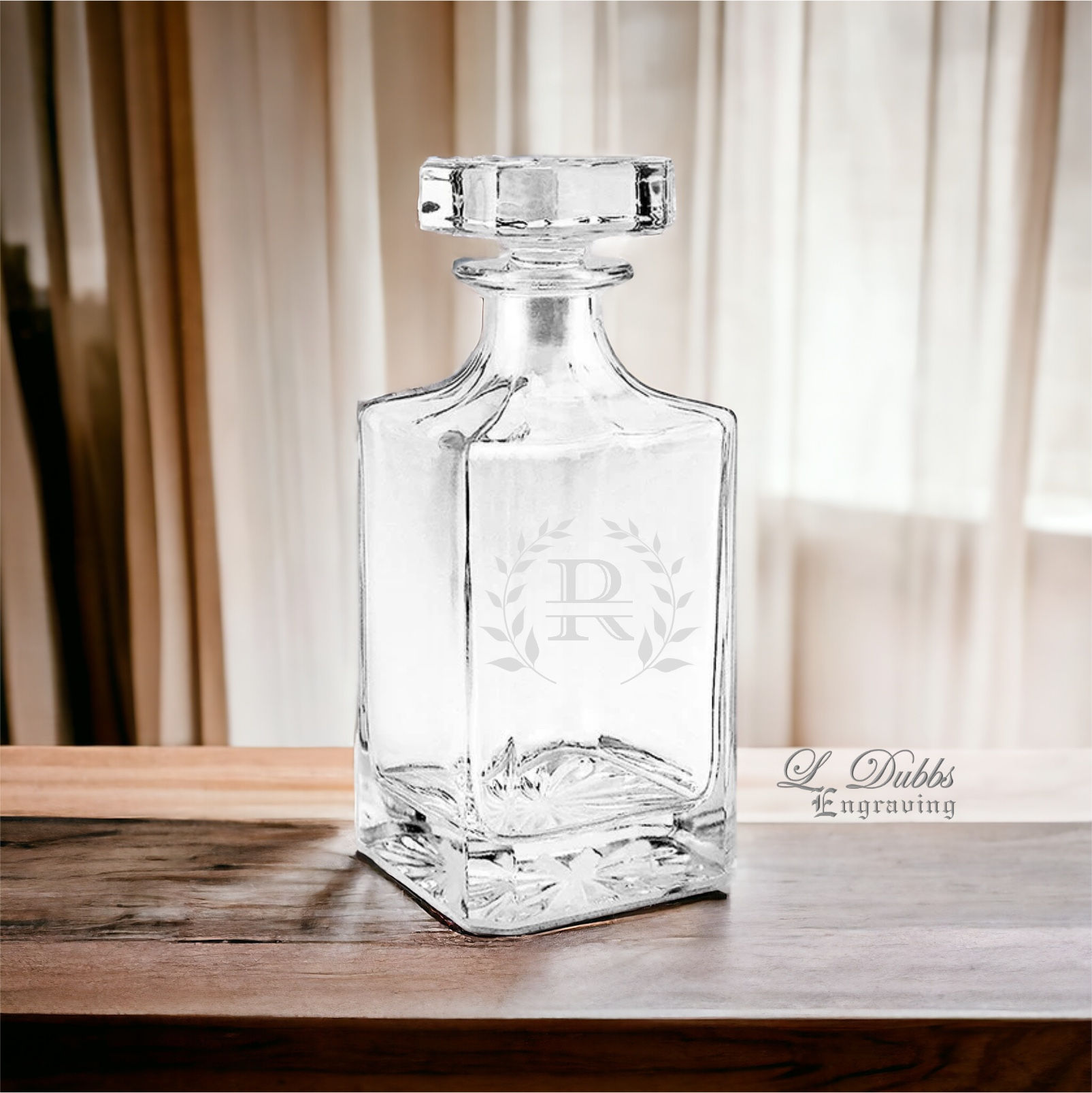 Custom White Engraving Square Crystal Decanter 26oz.