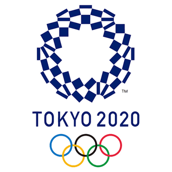 The Tokyo 2020 Olympic Games logo. A blue and white geometric doughnut, above blue text that reads, "TOKYO 2020" and the Olympic rings on a white background. 