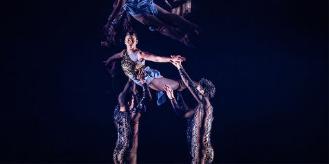Two men in black crocodile-skin leotards lift a woman in a blue ruffled leotard into the air as if she were flying. Above them, a large mirror angled to reflect a top-down view towards the camera. They are lit in cool white and blue. 