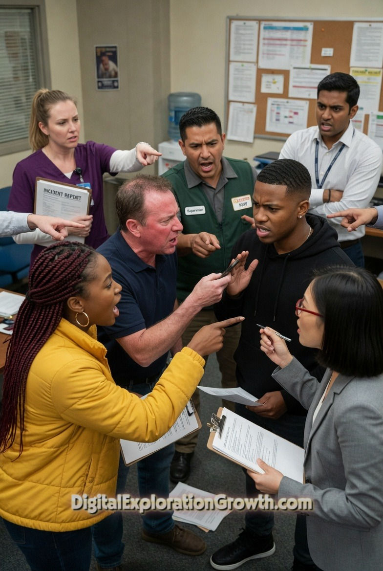 A heated office argument among people pointing fingers, holding documents, and looking intense. Bulletin board and papers visible in the background.