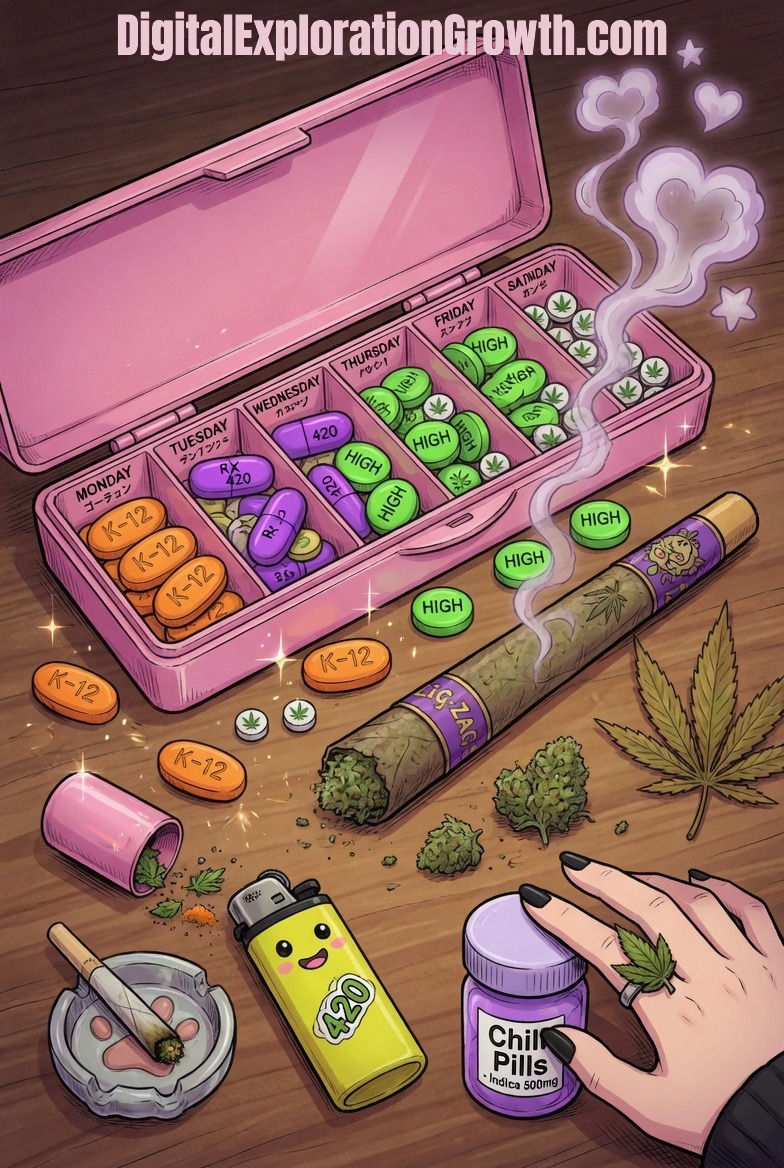 Pink weekly pillbox labeled with days, filled with K-12, HIGH, and 420 cannabis pills; buds, smoke, vape, and hand on wood.