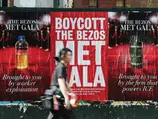 Source: Getty Images. Boycott the Bezos Met Gala wheatpasted in NYC May 2026