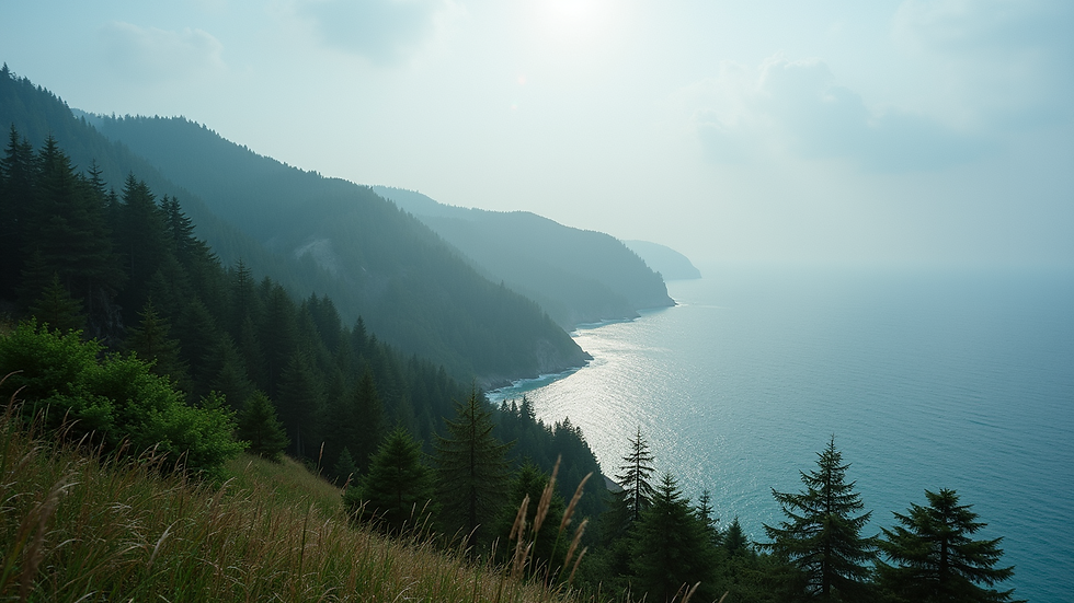 High angle view of a serene coastal landscape with dense forest