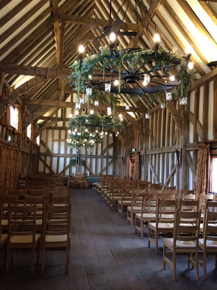 Gate Street Barn Wedding - Trailing chandelier - rustic wedding The Wright Choice Flowers