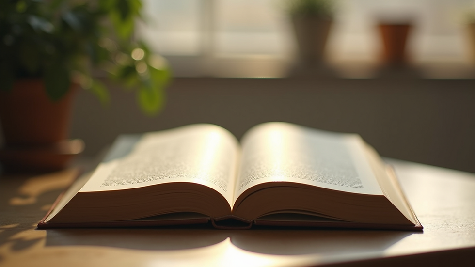 Close-up view of an open book with soft natural light