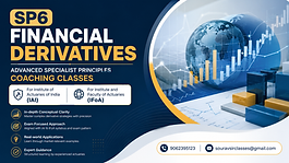 SP6 Financial Derivatives Coaching Classes for IAI and IFoA featuring advanced specialist principles training with financial market charts, global finance illustration, expert actuarial coaching highlights, and contact information.