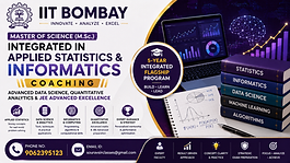 IIT Bombay M.Sc. Integrated Applied Statistics and Informatics coaching banner with data science visuals, quantitative analytics, and JEE Advanced excellence design.