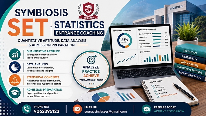 Symbiosis SET Statistics entrance coaching banner with quantitative aptitude, data analysis, statistical concepts, admission preparation visuals, and modern professional WIX blog design.