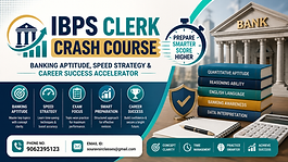 IBPS Clerk crash course banner with banking aptitude, speed strategy, exam preparation and coaching contact details.