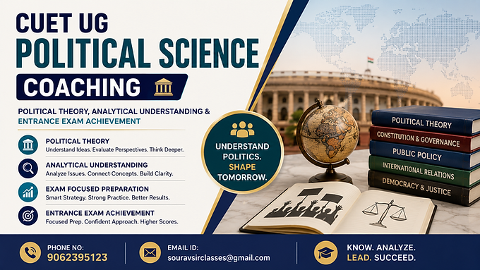 Professional CUET UG political science coaching banner with political theory books, parliament visuals, analytical learning highlights, and entrance exam preparation design for students and academic websites.