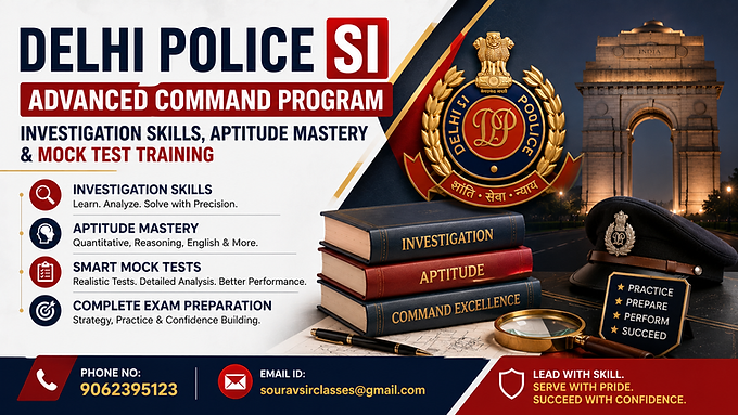 Professional Delhi Police SI preparation thumbnail with investigation skills aptitude mastery mock tests and modern red navy academy design for WIX blog