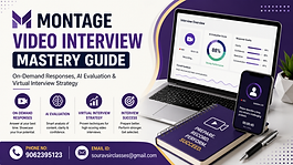 Montage video interview mastery guide thumbnail featuring AI evaluation, on-demand responses, virtual interview strategy with modern professional layout and contact details.