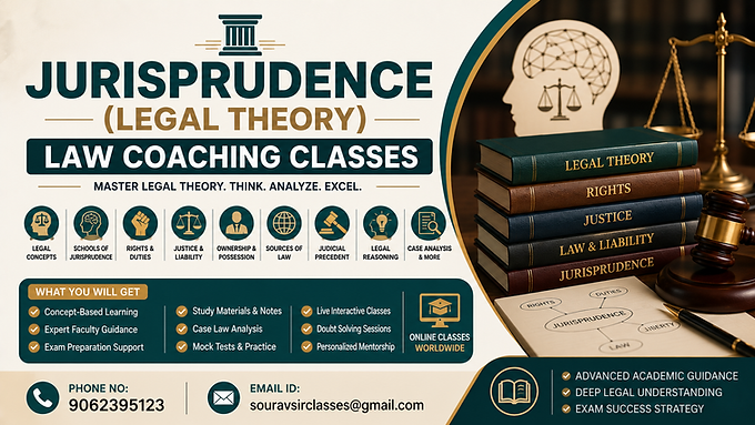 Jurisprudence Legal Theory Law coaching classes covering schools of jurisprudence, natural law, legal positivism, rights and duties, justice, liability, ownership, possession, legal personality, sources of law, judicial precedent, legal reasoning and exam preparation for Law students.