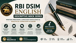 RBI DSIM English descriptive mock series banner with writing precision, language excellence, analytical expression learning and coaching contact details.