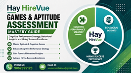 Hay HireVue games and aptitude assessment mastery guide banner with cognitive performance strategy, behavioral insights, hiring success excellence, and contact details.
