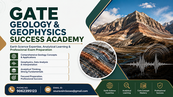 "GATE Geology and Geophysics Success Academy with mountain formations, rock strata analysis, earth science learning and professional exam preparation."