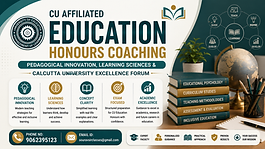 CU Education Honours coaching banner with pedagogical innovation, learning sciences, Calcutta University excellence and coaching contact details.