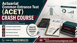 Actuarial Common Entrance Test ACET crash course banner with risk analysis, probability, quantitative training, and contact details.