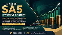 Master SA5 Investment and Finance Coaching Classes thumbnail featuring expert actuarial tuition for IAI and IFoA with financial growth charts, investment analytics, specialist advanced exam preparation, contact details, and a modern professional education banner.