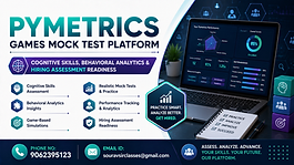“Professional Pymetrics Games mock test platform banner featuring cognitive skills assessment, behavioral analytics, hiring readiness dashboards, and expert coaching contact information.”