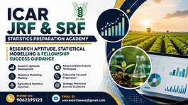 “Professional ICAR JRF SRF Statistics Preparation Academy banner featuring agricultural statistics, statistical modelling, research aptitude training, analytics dashboard, and fellowship exam coaching details.”