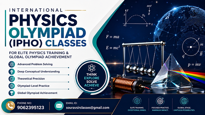 International Physics Olympiad IPhO classes banner with advanced physics concepts, elite training, and global competition success design.