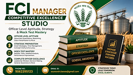 Professional FCI Manager preparation thumbnail with officer level aptitude strategy mock tests and modern green gold corporate academy design for WIX blog