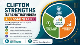 CliftonStrengths assessment guide banner with talent mapping, strength-based development, career growth strategy, and contact details in a modern professional design.
