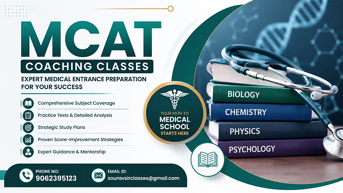 Professional MCAT Coaching Classes thumbnail featuring medical entrance exam preparation, biology, chemistry, physics and psychology study books with a stethoscope, comprehensive study support, practice tests, expert guidance, score improvement strategies, and contact details for medical aspirants.