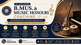 CU B.Mus and Music Honours coaching banner with performing arts, musical creativity, Calcutta University excellence and coaching contact details.