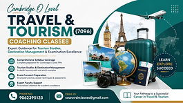 Cambridge O Level Travel & Tourism (7096) Coaching Classes thumbnail featuring expert guidance in tourism studies, destination management, exam preparation, travel landmarks, globe, passport, and professional education design.