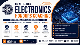 CU Electronics Honours coaching banner with circuit intelligence, technology innovation, Calcutta University excellence and coaching contact details.