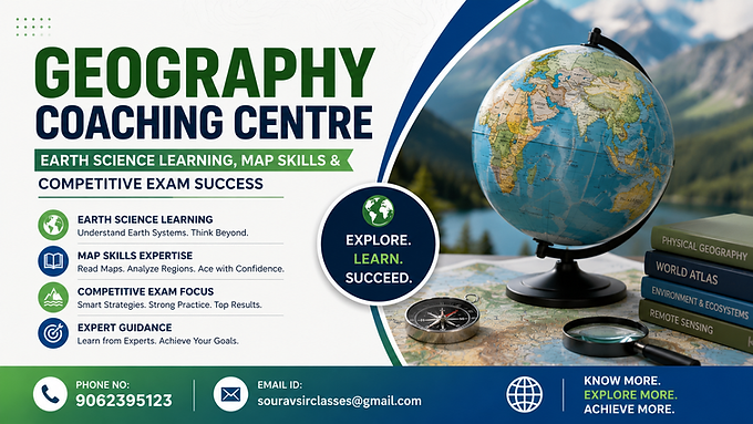 Modern geography coaching banner with globe, maps, earth science visuals, competitive exam preparation highlights, and professional academic learning design for students and education websites.