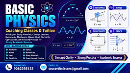 Basic Physics coaching classes and tuition thumbnail featuring mechanics, waves, heat, electricity, optics, numericals, study materials and exam-focused practice.