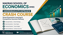 Madras School of Economics MSE Undergraduate Entrance Crash Course banner with economics graphics, course highlights, and contact details.