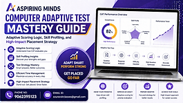 A clean, modern 16:9 thumbnail designed for an Aspiring Minds Computer Adaptive Test (CAT) guide, featuring a sleek purple, indigo, and white color scheme with subtle gold accents. On the left, bold headline text reads “Aspiring Minds Computer Adaptive Test Mastery Guide,” followed by a subtitle highlighting adaptive scoring logic, skill profiling, and high-impact placement strategy.

Below, a structured bullet-point section presents key topics such as adaptive scoring logic, skill profiling insights, test strategy mastery, time management, and placement success. In the center, a circular badge emphasizes performance messaging like smart adaptation and strong results.

On the right, a sleek laptop displays a digital assessment dashboard with an overall score indicator, a skill profile radar chart, and a performance trend graph. Additional icons illustrate the adaptive test flow, including question presentation, response analysis, difficulty adjustment, and optimized next questions.

At the bottom, a clean contact bar includes the phone number (9062395123) and email ([souravsirclasses@gmail.com](mailto:souravsirclasses@gmail.com)). Supporting icons highlight data-driven skill profiling, accuracy improvement, smart preparation, and career success. The overall design is balanced, eye-soothing, and professional with a global corporate aesthetic, clear typography, and strong visual hierarchy.

