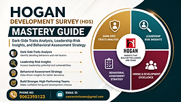 Hogan Development Survey mastery guide banner with dark-side traits analysis, leadership risk insights, behavioral assessment strategy, and contact details.